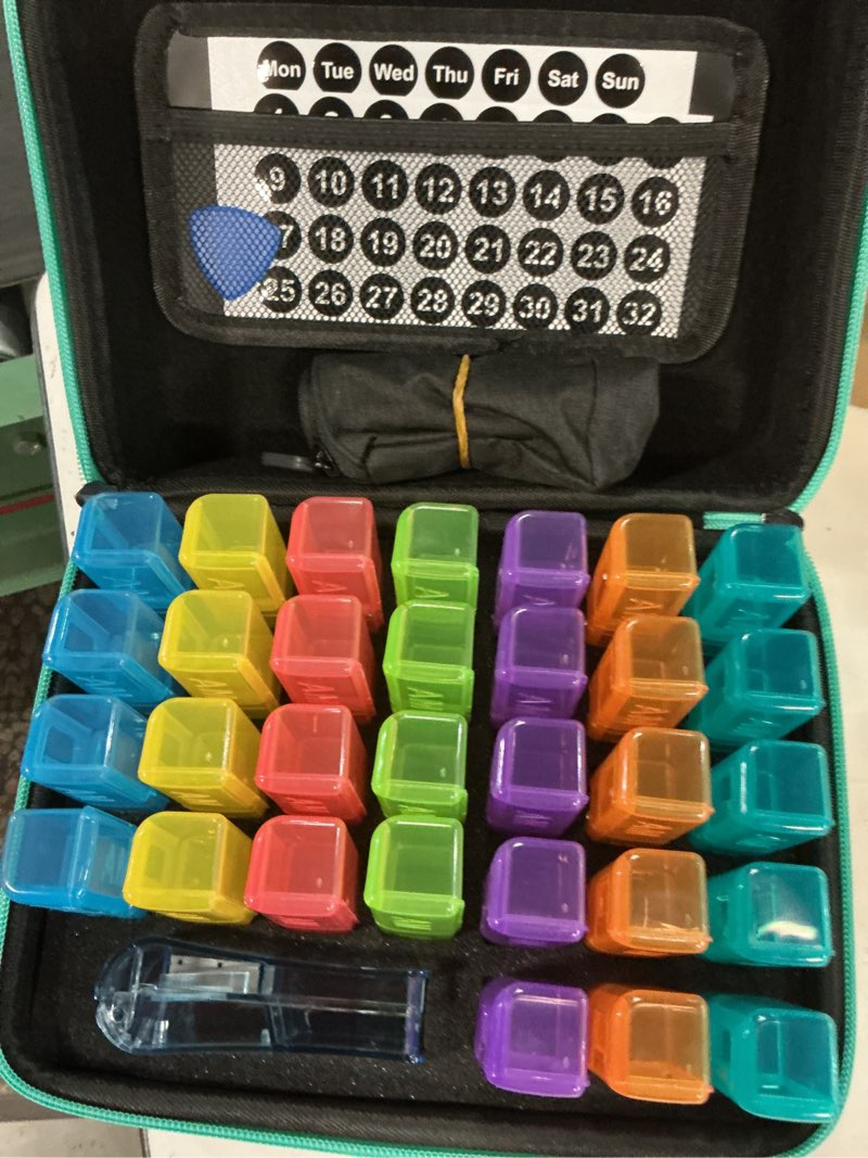 Condition photo showing Good Condition for monthly pill organizer 2 times a day, with portable hard shell, pill cutter, 31-day box, plastic opening pick, monthly & weekly stickers, convenient medication management (green, 2 times a day) green 2 times a day