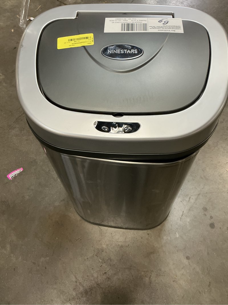Condition photo showing As Is for nine stars automatic trash can, 21.1 gallon stainless steel, motion sensor hands free soft close lid garbage bin, silver