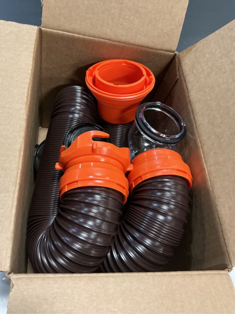 Condition photo showing As Is for camco rhinoflex 15-ft rv sewer hose kit - features clear elbow fitting w/removable 4-in-1 adapter - connects to 3” slip or 3”/3.5”/4” npt threaded sewer connection (39770) 15' rhino sewer hose