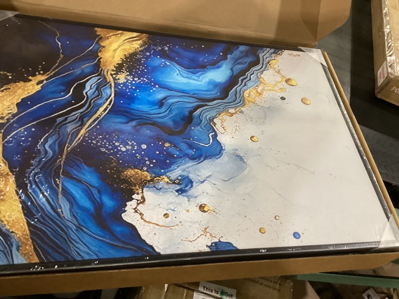 Condition photo showing Good Condition for zqartzzq 3 piece framed wall art abstract wall decor navy blue and gold pictures marble foil canvas art modern minimalism paintings artwork for living room bedroom office16x24in blue gold 16x24in black framed