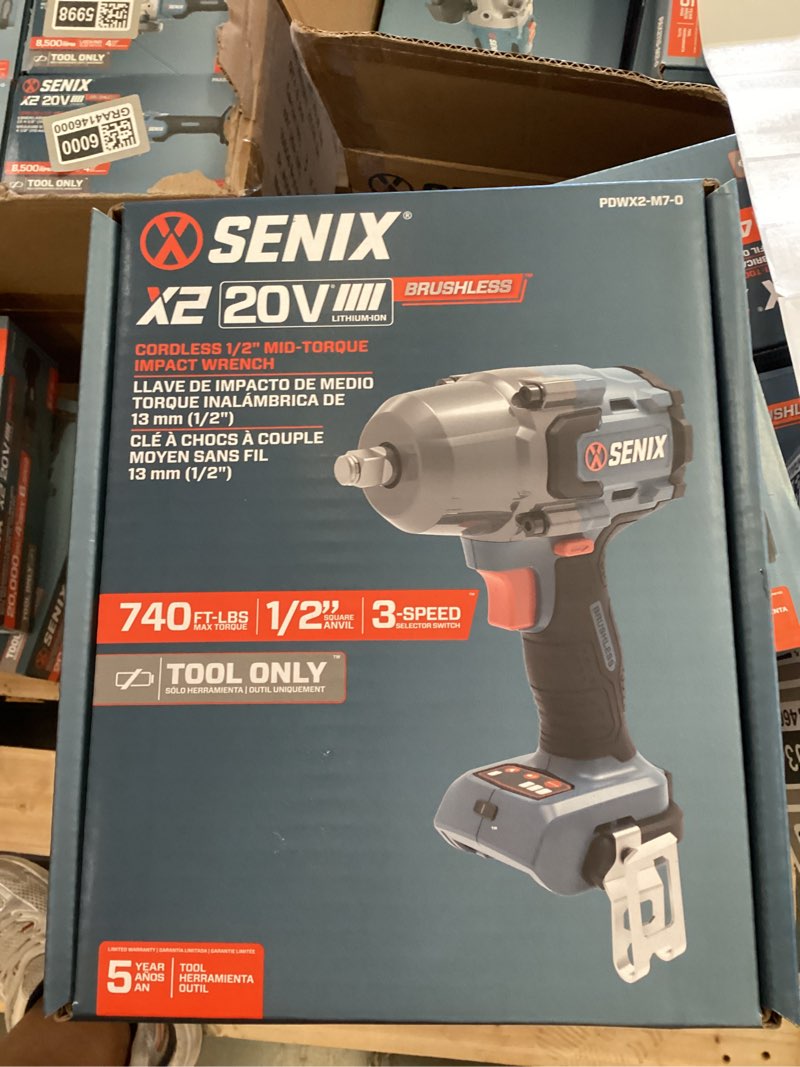 Condition photo showing New/Like New for senix 20 volt max* cordless 1/2" impact wrench,740 ft-lbs. max torque, 1/2" square anvil, 3 speed mode, brushless - tool only, pdwx2-m7-0