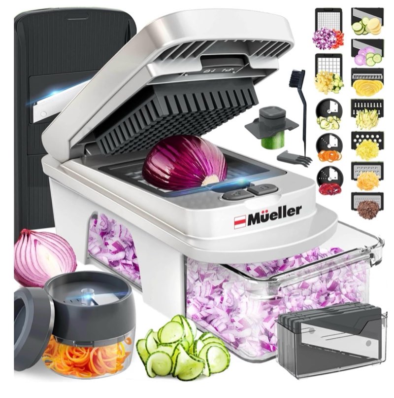 Mueller Pro-Series All-in-One, 12 Blade Mandoline Slicer for Kitchen, Food Chopper, Vegetable Slicer and Spiralizer, Cutter, Dicer, Grater, Kitchen Gadgets Sets with Container, White Sand/Gray