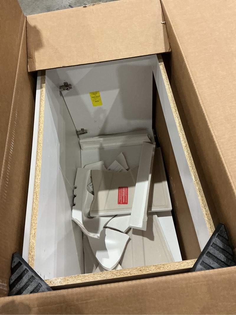Condition photo showing As Is for project source 36-in white single sink bathroom vanity with white cultured marble top