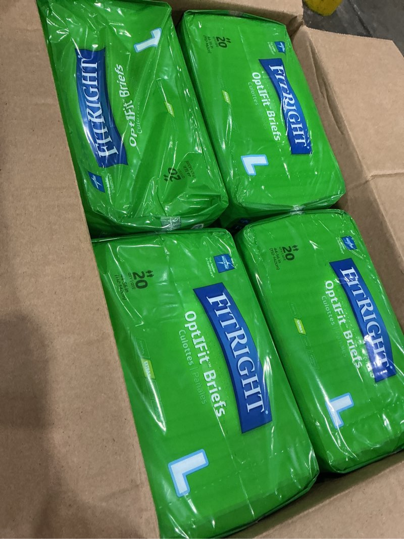 Condition photo showing New/Like New for fitright adult diapers, extra+ heavy absorbency, l (waist size 44in-56in), 80 count, optifit incontinence briefs for men and women, disposable, moisture-wicking, leak protection. 80 count large