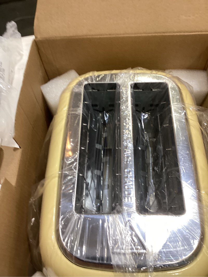 Condition photo showing Good Condition for toaster 2 slice retro stainless steel with 1.5” extra wide slots bagel, defrost, reheat, cancel functions, 6 bread shade settings, removable crumb tray, yellow