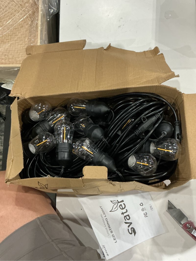 Condition photo showing Good Condition for svater outdoor string lights led 105ft, commercial grade patio light with 1w dimmable s14 shatterproof bulbs, etl listed heavy-duty outside waterproof cafe bistro market lighting warm white