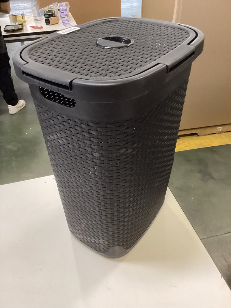 Mind Reader Slim Laundry Hamper with Lid, 60L Clothes Baskets, Premium Wicker Design, Plastic