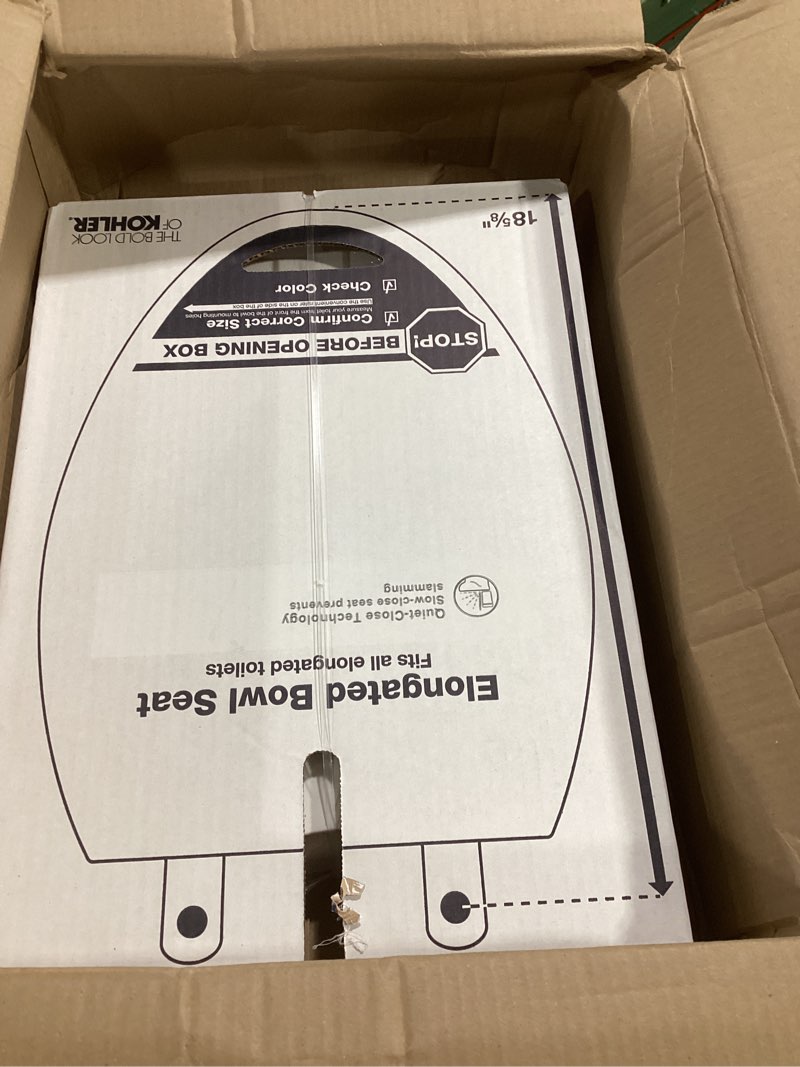 Condition photo showing New/Like New for Kohler K-20110-0 Brevia Elongated Toilet Seat with Grip-Tight Bumpers, Quiet-Close Seat, Quick-Attach Hardware, White