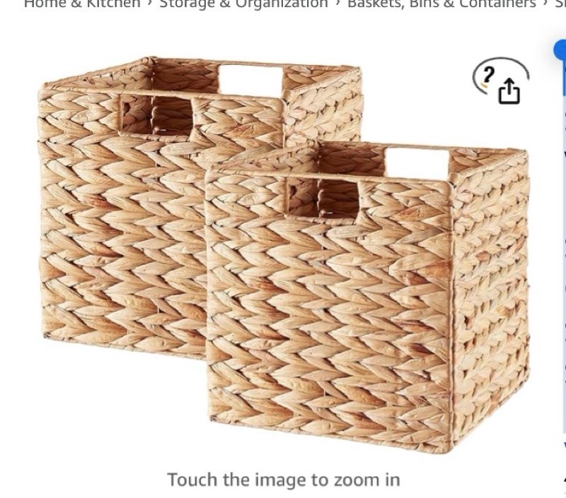 Vagusicc Storage Basket, Set of 2 Hand-woven Water Hyacinth Storage Baskets, Foldable Wicker Storage Basket 13 Inch Cube Storage Bins for Shelves Organizer Square Shelf Baskets, 13''x13''x13''
