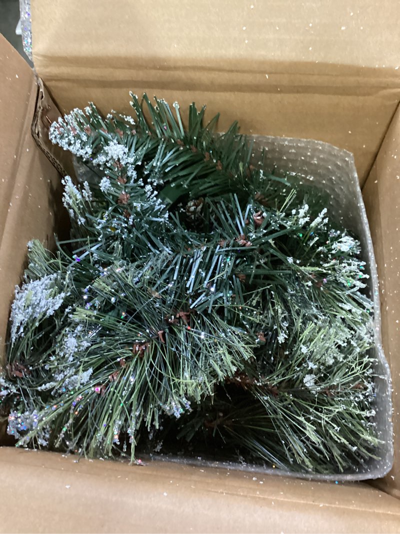 Condition photo showing As Is for national tree company pre-lit artificial christmas garland, green, glittery bristle pine, white lights, decorated with pine cones, frosted branches, plug in, christmas collection, 9 feet