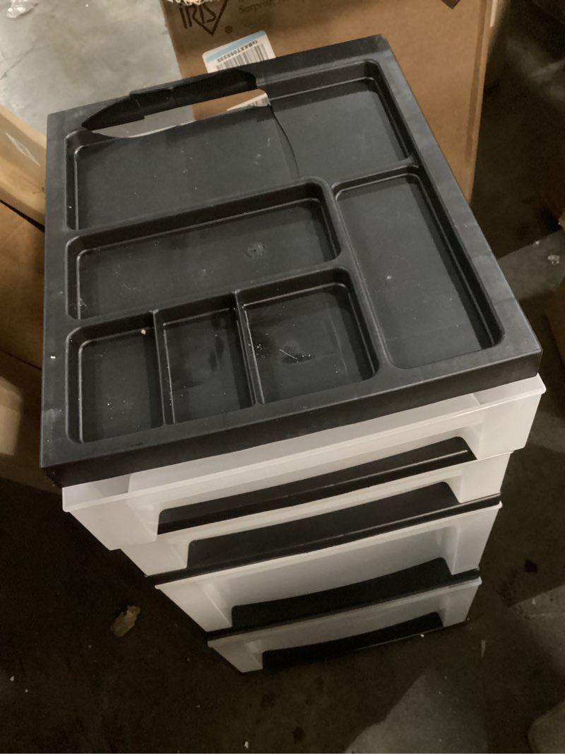 Condition photo showing As Is for IRIS USA Plastic Drawer Storage Organizer Rolling Cart, with Wheels Casters, 4-Drawers, for Classroom Art Craft Supplies Dresser Closet Bathroom Laundry Room, Black/Pearl 4 Drawer with Wheels