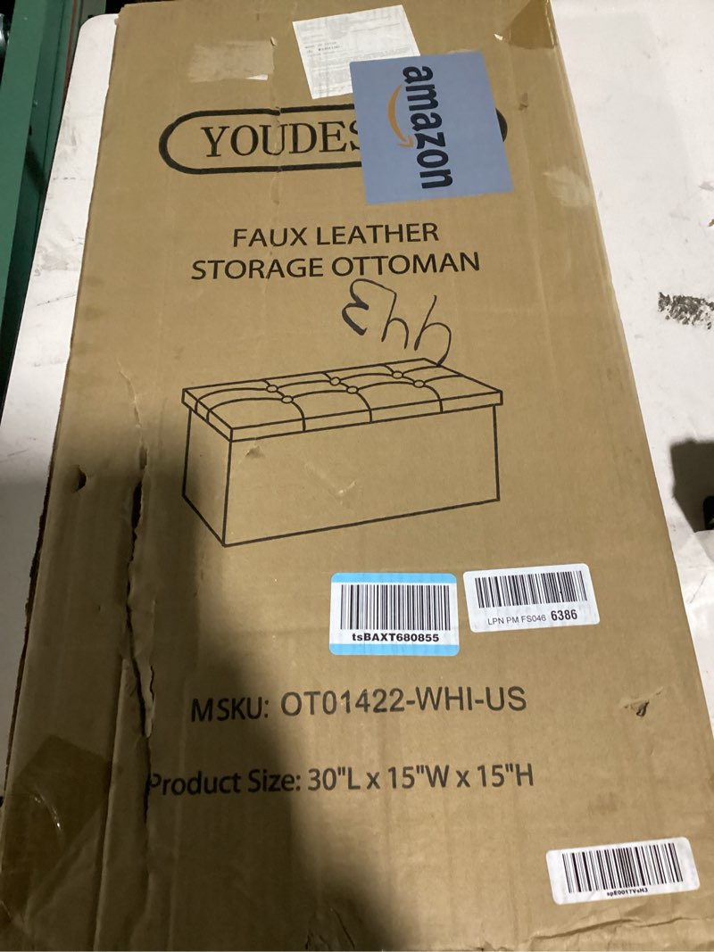 Condition photo showing New/Like New for youdenova folding storage ottoman, faux leather ottoman bench footrest ottoman, storage chest padded seat for bedroom and living room, beige,15" d x 30" w x 15" h light beige 15"d x 30"w x 15"h