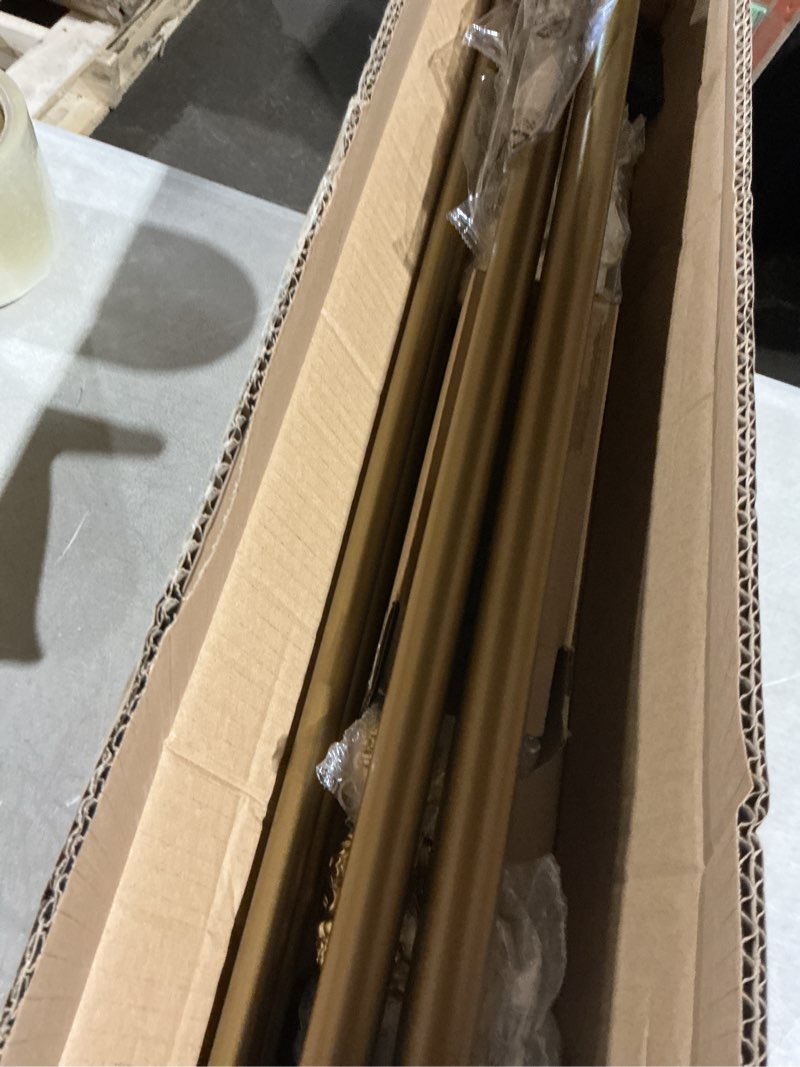 Condition photo showing As Is for heavy duty double curtain rod with palm leaves finials and aluminum bouquet brackets,double curtain rods for windows 72 to 144 inches,1 inch front, 5/8 inch back adjustable double rods,gold gold 72-144"