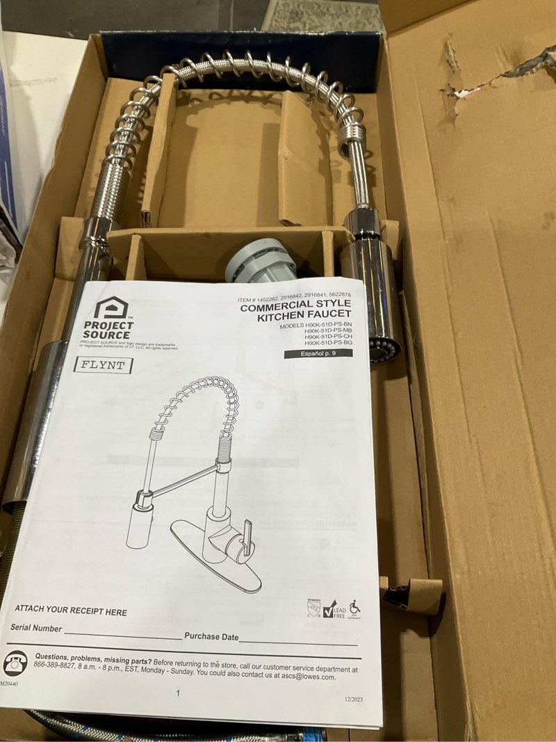 Condition photo showing As Is for project source flynt chrome single handle pull-down kitchen faucet with sprayer (deck plate included)