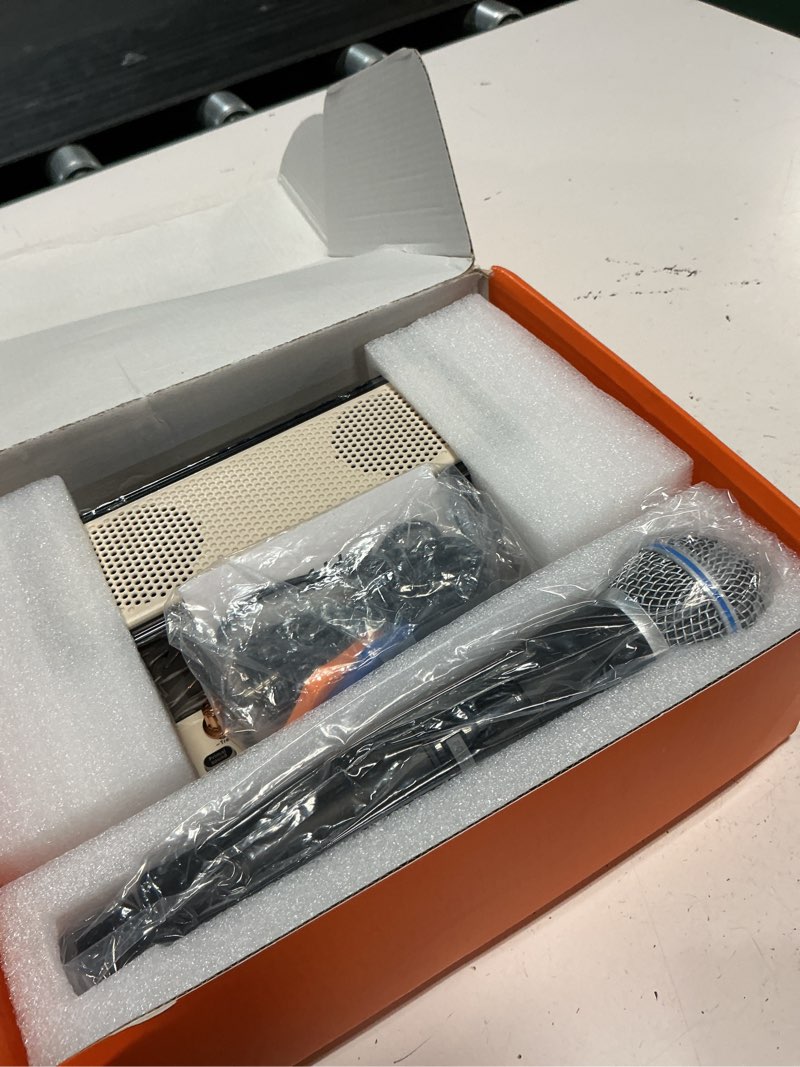 Condition photo showing Good Condition for portable karaoke machine with 2 wireless microphones, bluetooth pa system speaker with eq control, vocal removal, noise reduction, reverb & sound effects, for singing/live streaming/gaming/home party white