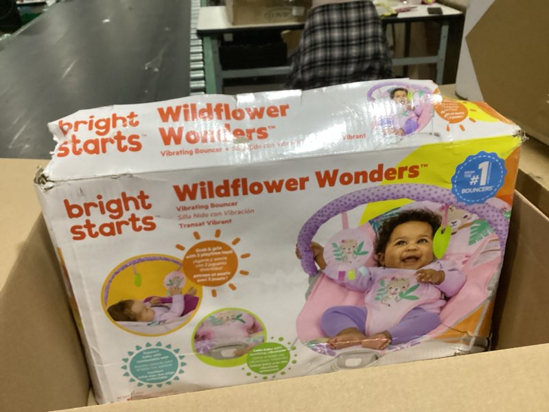 Condition photo showing Good Condition for bright starts pink vibrating baby bouncer, removable toy bar with 2 toys, nonslip feet, 0-6 months up to 20 lbs (wildflower wonders)