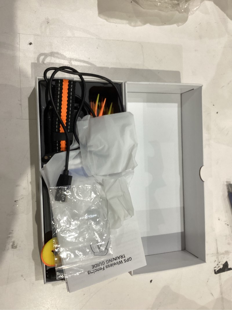 Condition photo showing As Is for gps wireless dog fence system, electric dog fence using gps electric satellite technology, ipx7 waterproof rechargeable design, gps dog collar has 2 modes circular and free-form fence