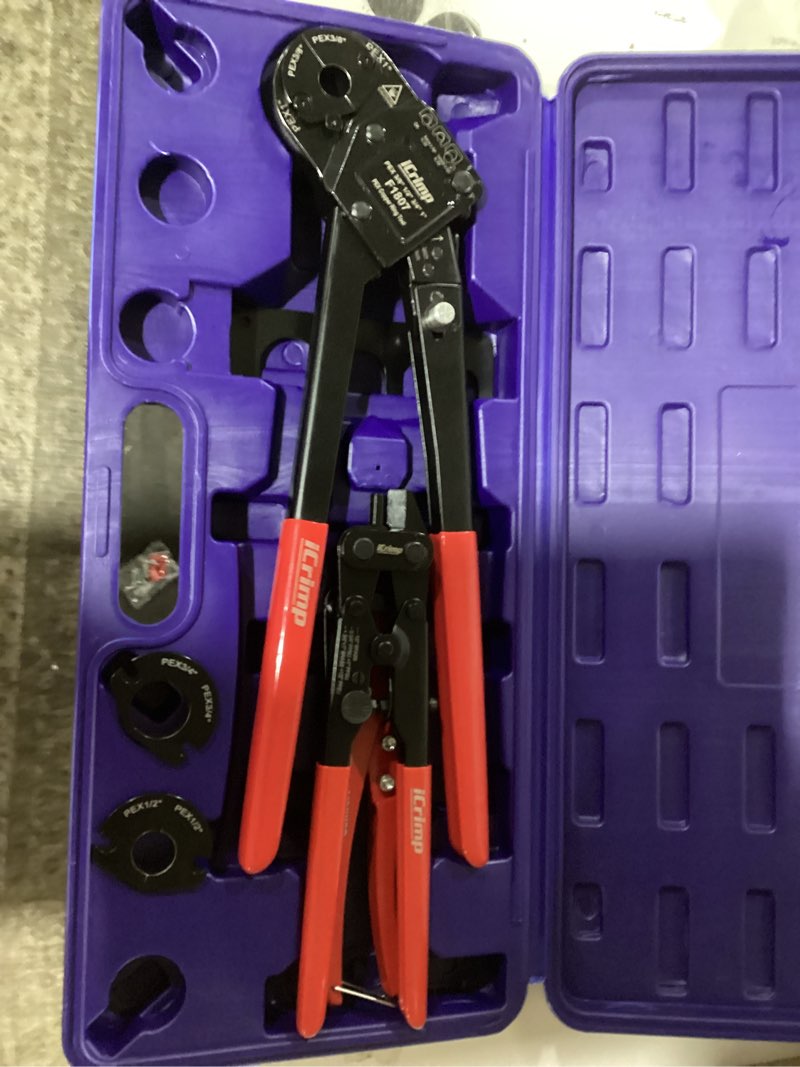 Condition photo showing As Is for iCrimp Angle Head PEX Crimping Tool Kit for 3/8,1/2,3/4,1-inch with Copper Ring Removal Tool, Pex Pipe Cutter and Gauge, Meets ASTM F1807 Standard, Suitable for Tight Spaces IWS-FACL