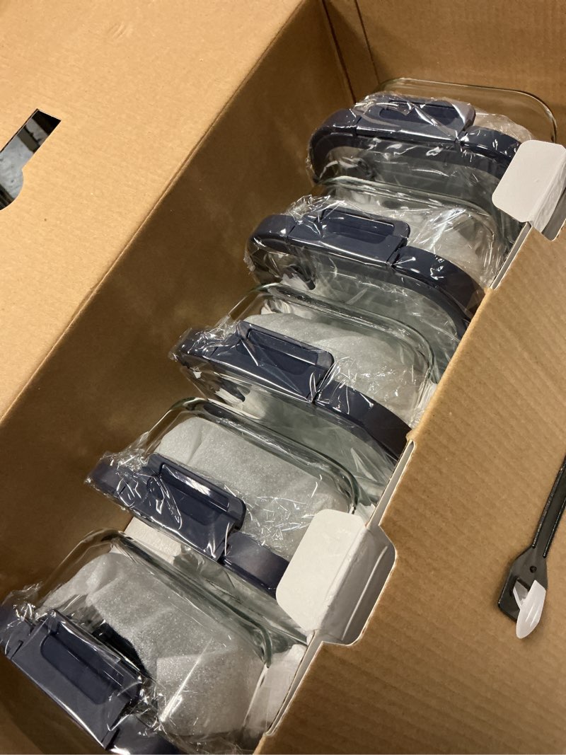 Condition photo showing New/Like New for 10-pack glass food storage containers with tempered lids – borosilicate, airtight, oven-safe (-4°f~950°f), bpa-free, 4.4 & 1.6 cup, leak-proof, dishwasher safe (blue) tempered lids blue 4.4cup*5 & 1.6 cup*5