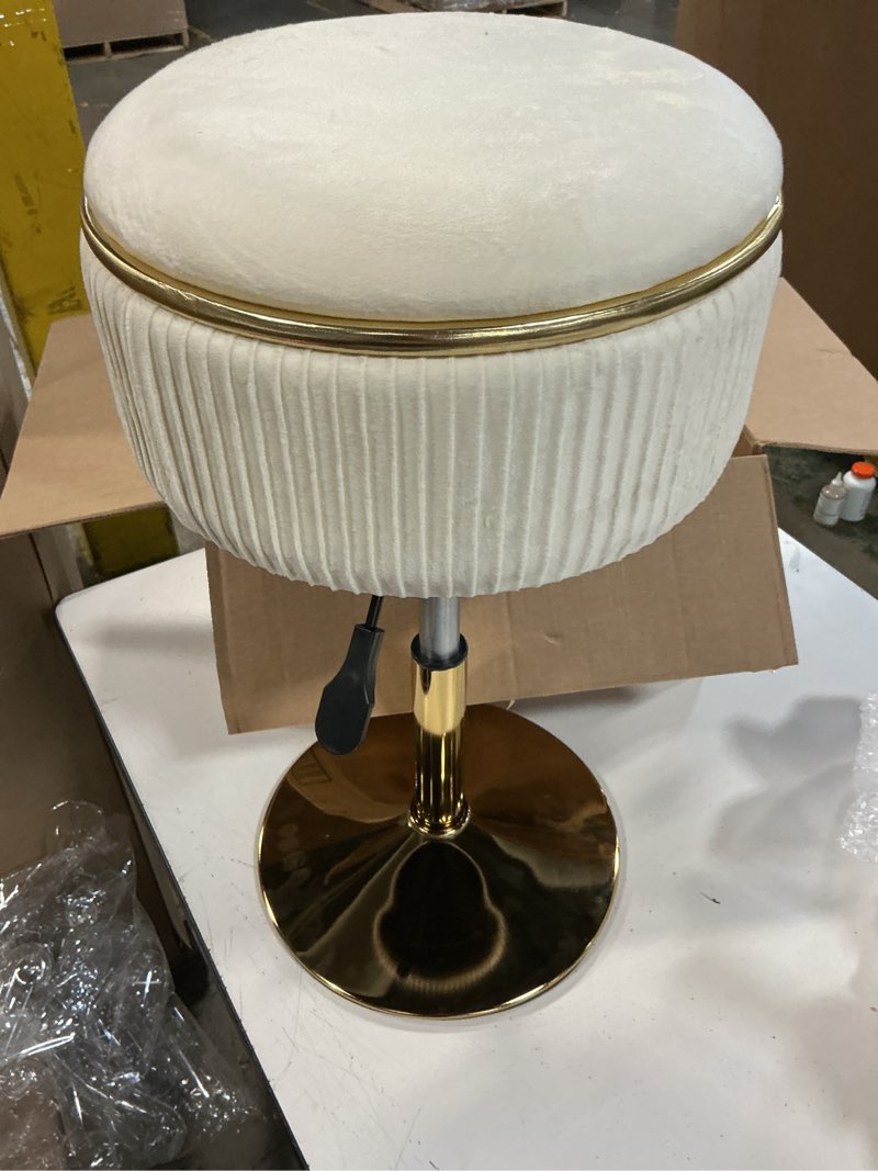 Condition photo showing Good Condition for adjustable vanity stool with storage, 360° swivel makeup stool chair small velvet round ottoman with gold base for bedroom (beige)