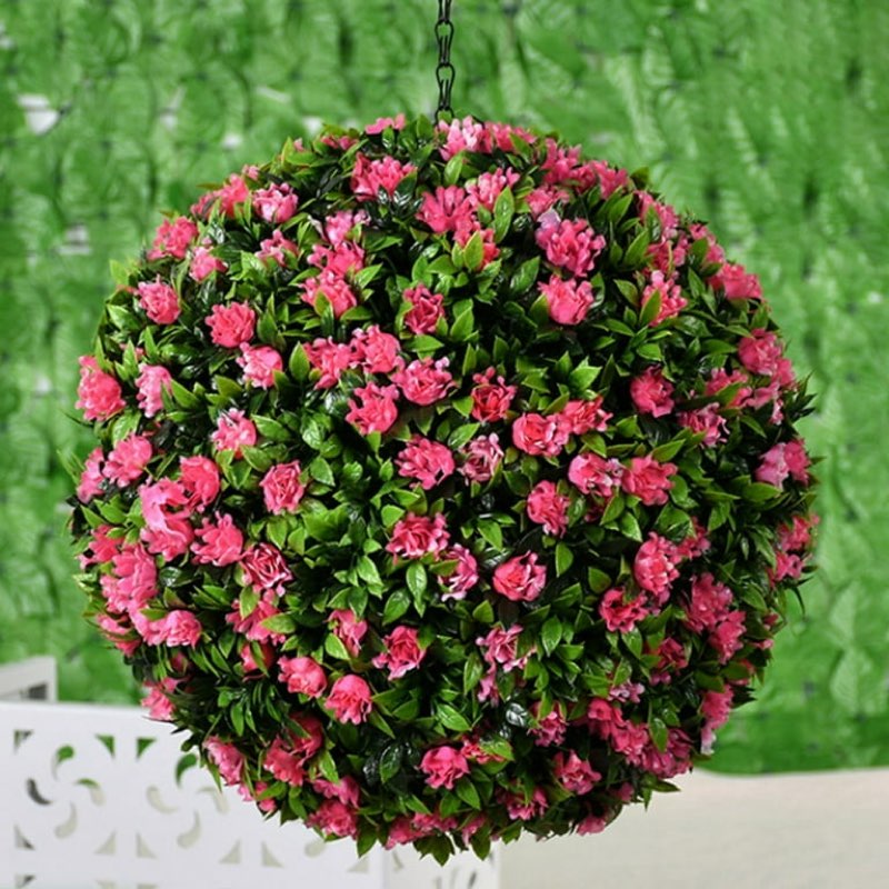 Artificial Boxwood Topiary Ball Trees with Pink Flower (Set of 2)
