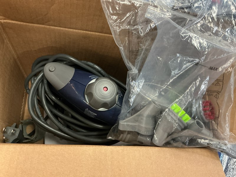 Condition photo showing As Is for steam shot omnireach and steam shot omni steam cleaners with attachments