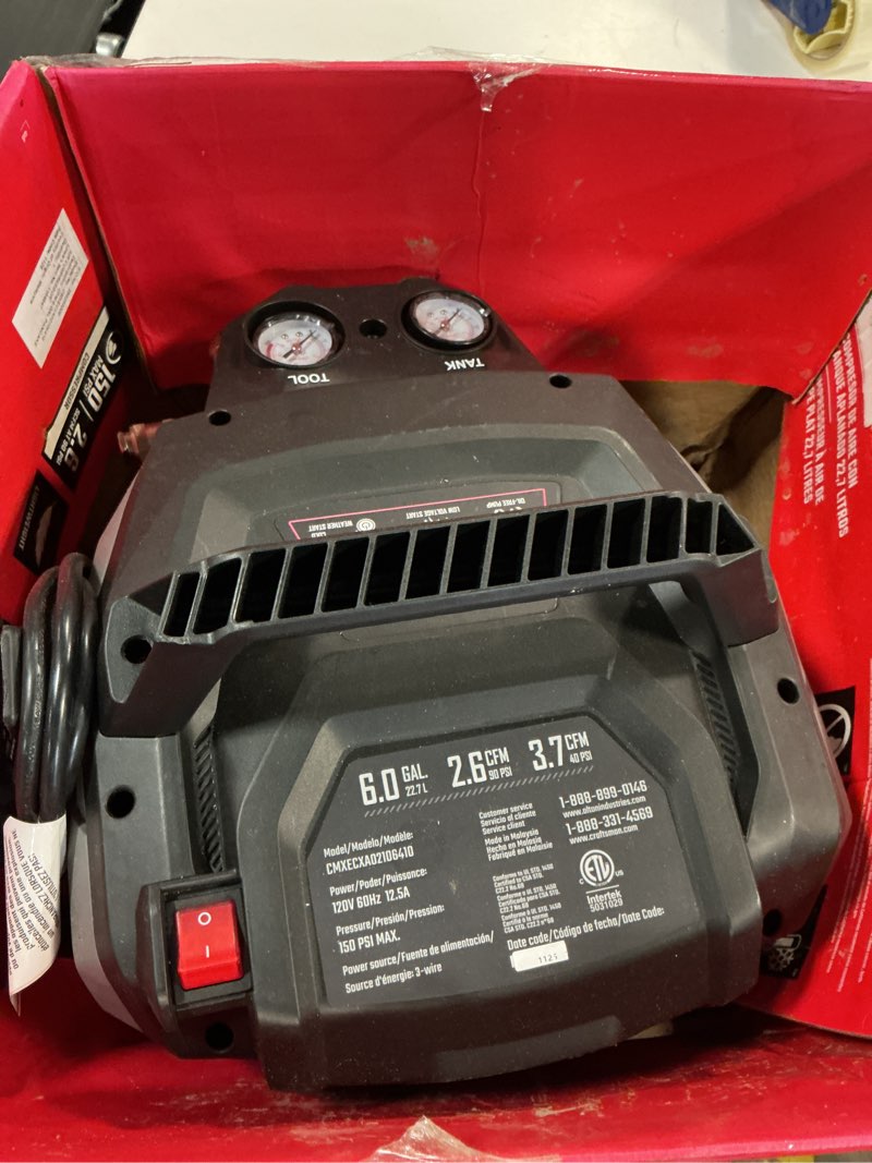 Condition photo showing As Is for craftsman 6-gallon portable electric 150 psi pancake air compressor