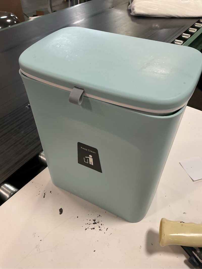 Condition photo showing As Is for tiyafuro 2.4 gallon kitchen compost bin for counter top or under sink, hanging small trash can with lid for cupboard/bathroom/bedroom/office/camping, mountable indoor compost bucket (blue)