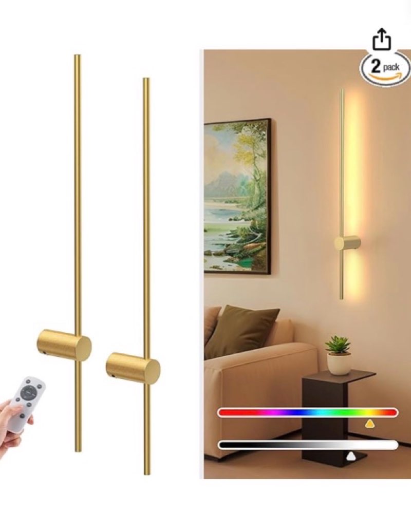 35.4 inch battery operated wall sconce set of 2,gold minimalist rechargeable led wall lights with remote, 10 colors dimmable wireless wall sconce for living room bedroom hallway