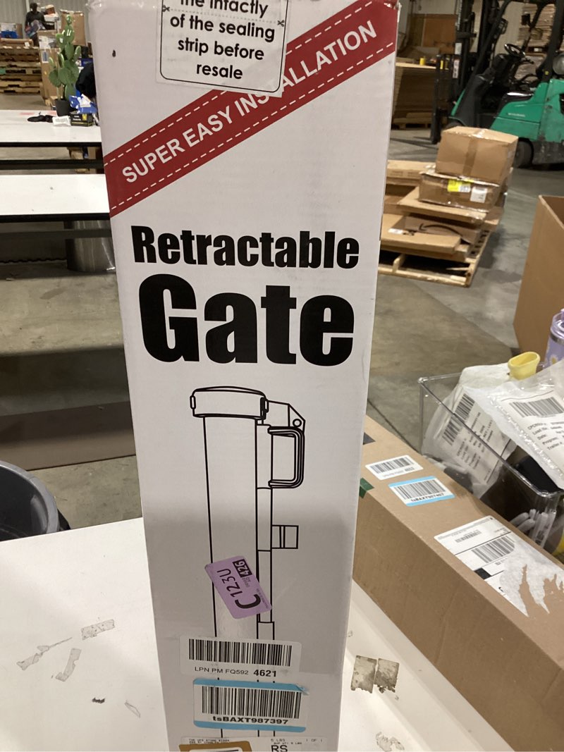 Condition photo showing New/Like New for 24 inches tall retractable dog gate for the house, short baby gates to step over, extends up to 55" wide, reinforced mesh puppy gate for doorways, step over pet gate for stairs, indoor/outdoor (white) white reinforced 24" tall x 55" wide