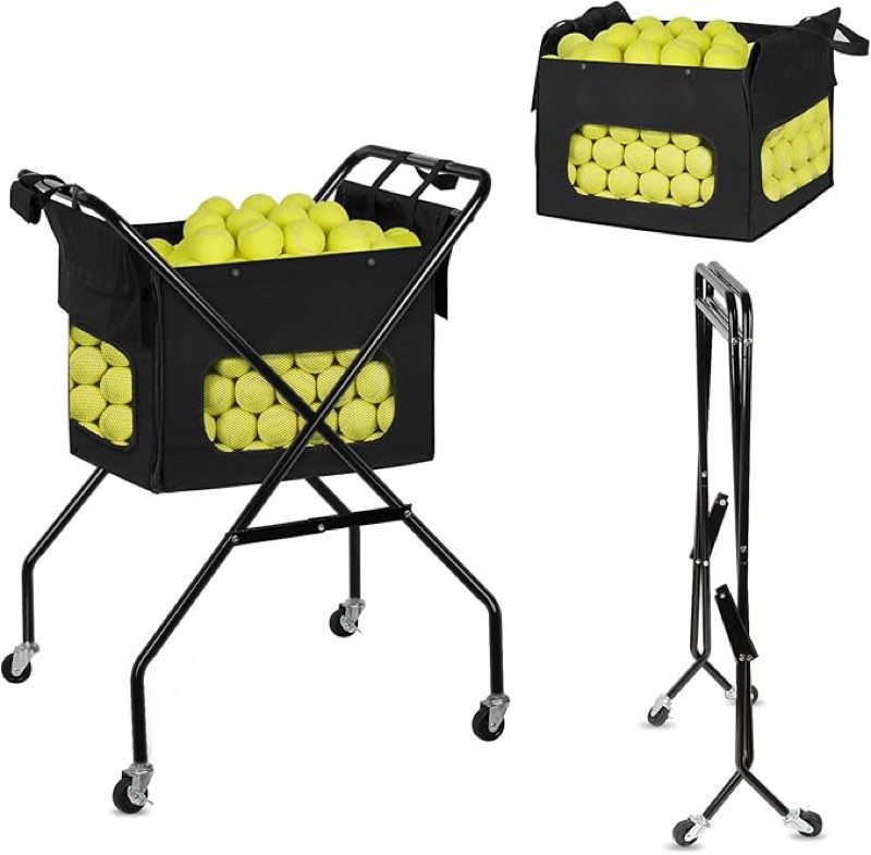 Exttlliy Pickleball Tennis Ball Hopper Tennis Basket Foldable Pickleball Ball Holder Caddy with Whee