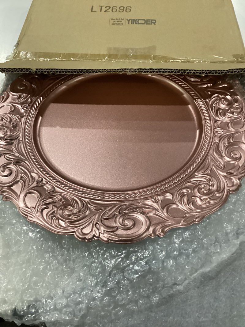 Condition photo showing As Is for yinder set of 12 antique charger plates 13 inch plastic vintage plate chargers decorative embossed chargers engraved baroque rim elegant tableware decoration for dinner table wedding (rose gold)