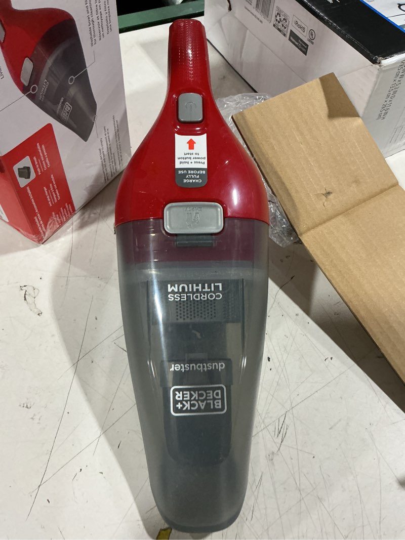 Condition photo showing As Is for black+decker cordless handheld vacuum, dustbuster, for car & pet hair, bagless, lightweight, easy emptying, hnvc115jb06, red
