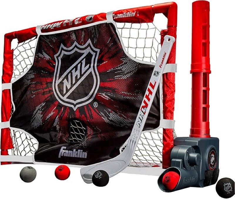 Franklin Sports NHL Kids Knee Hockey Goal Set - Mini Hockey Net + Stick Set - Automatic Ball Passer, Goal & Target