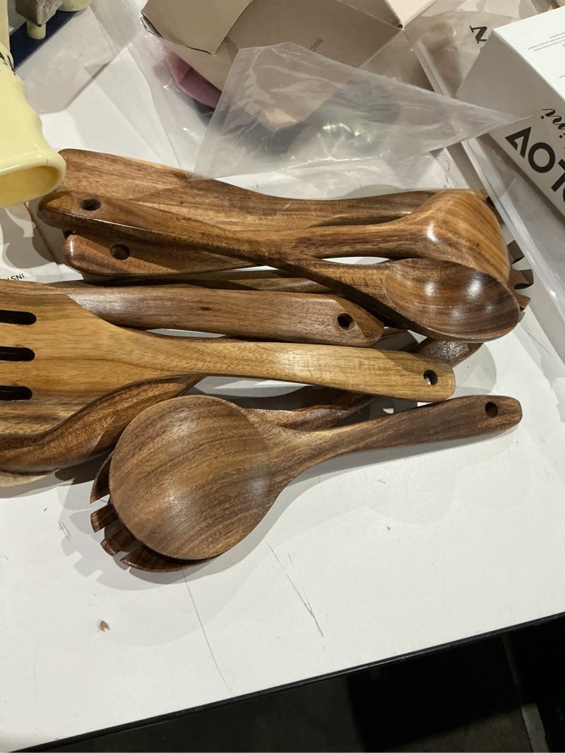Condition photo showing Good Condition for wooden spoons for cooking, 12 pcs teak wood kitchen utensils set with spoon rest - nonstick heat resistant wooden cooking utensils, natural healthy spatula set for pots and pans