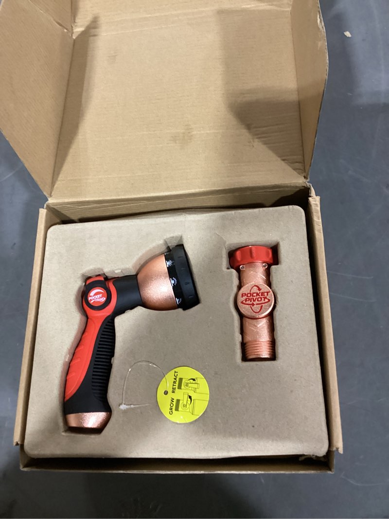 Condition photo showing New/Like New for pocket hose 100 ft copper head expandable garden hose with pocket pivot, no tangles, as seen on tv, 360° swivel, tri-tex tubing, force field jacket, lead-free, no-kink, anti-burst w/apt regular 100 ft