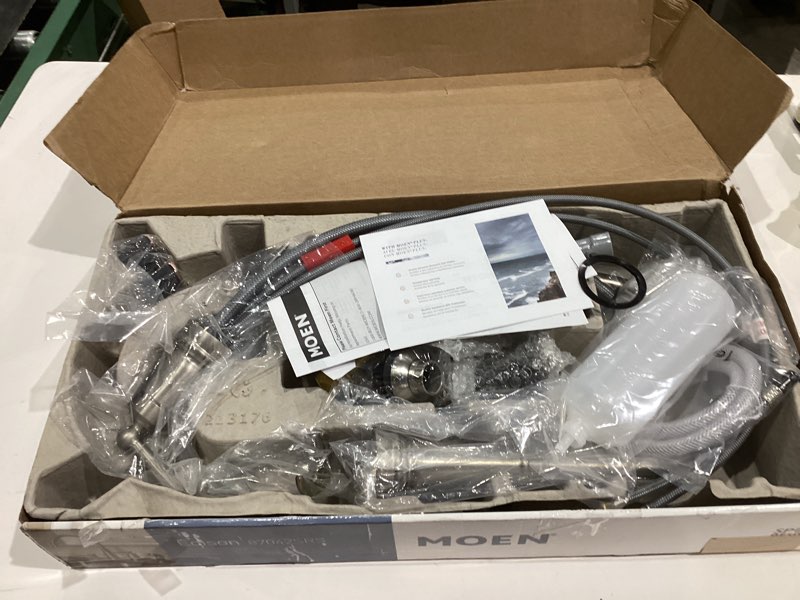 Condition photo showing As Is for Moen Edison Spot Resist Stainless One-Handle High Arc 4-hole Kitchen Faucet with Side Sprayer and Soap Dispenser, 87042SRS