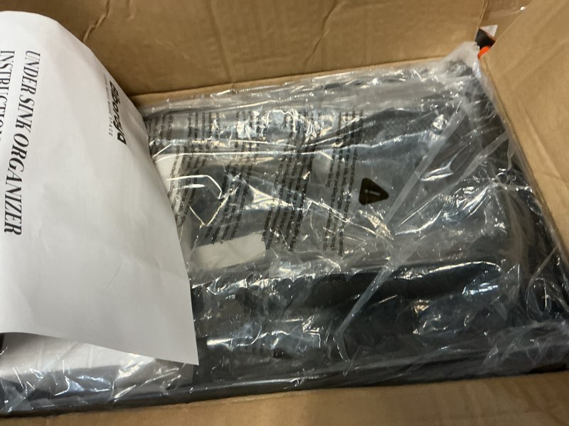 Condition photo showing New/Like New for 2 Pack 17.3IN-Depth Under Sink Organizer with Smooth Cylindrical Rail,2-Tier Pull Out Multi-Purpose Cabinet Storage for Bathroom&Kitchen,Height Adjustable,Rust-Resistant Coating-Black Black 2 Pack-17.3"Dx11"-16.14"H