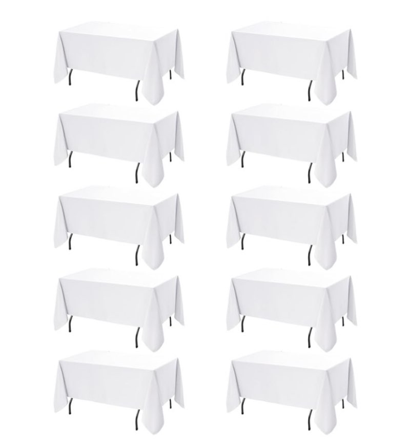 10-Pack White Tablecloths for Rectangle Tables, 60 x 120 Inches, Stain-Resistant Polyester Fabric for 6 Foot Tables - Washable Table Covers for Weddings, Banquets, Birthday, Parties, Events