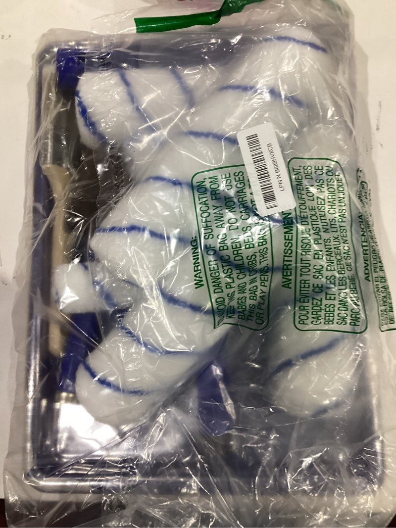 Condition photo showing New/Like New for 23Pcs Upgraded Paint Roller Kit - 9"&4" Frames, 4x9"/4x4" Microfiber Covers, Paint Tray with 4 Liners, Roller Cleaner & Complete Painting Supplies for House Wall Painting