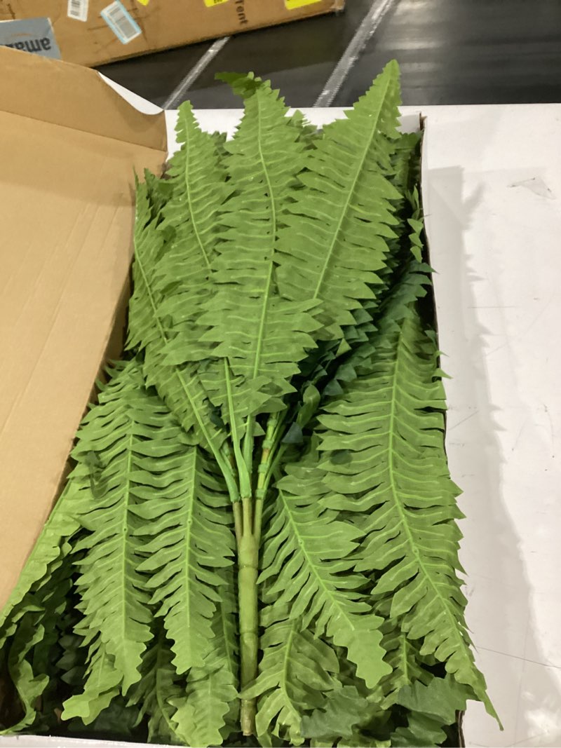 Condition photo showing As Is for forest prince 35" fake ferns, 4 large artificial bonston ferns bushes plants with 39 fronds for outdoors garden patio porch entrance low maintain home decor 35" 4 pcs