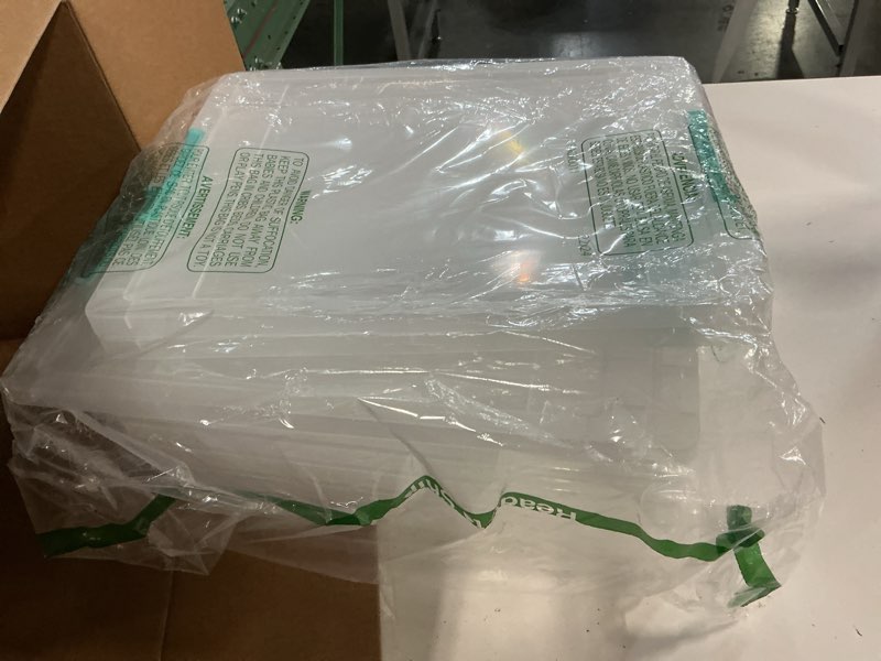 Condition photo showing Good Condition for IRIS USA 6 Qt. Storage Bins with Lids, 4-Pack, |Made in USA|, Small Plastic Craft Container Sensory Totes for Art Supplies, Paper, and Office, Stackable - Clear 6 Qt. - 4 Pack