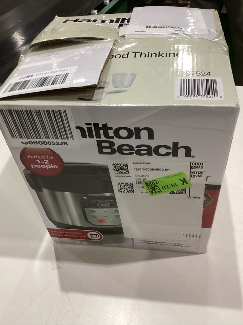 Condition photo showing Good Condition for Hamilton Beach Digital Programmable Rice Cooker & Food Steamer, with Slow Hard-Boiled Egg Functions, Egg/Steam Tray, Small & Compact, 6 Cups Cooked (3 Uncooked), Stainless Steel (37524) Stainless Steel 6 Cups Cooked (3 Uncooked)