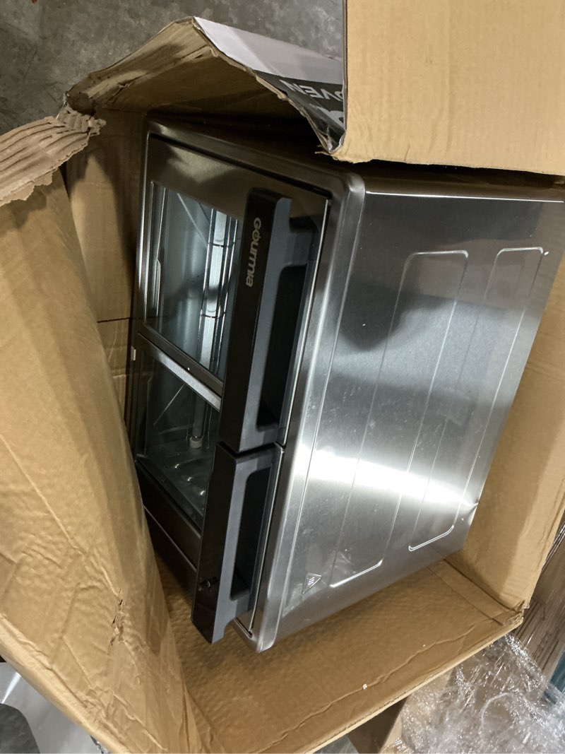Condition photo showing As Is for gourmia french door air fryer oven - 37 qt large capacity convection toaster oven, fryforce 360°, digital display, 12 cooking presets, dehydrate, fits 13” pizza, dishwasher-safe, stainless steel silver