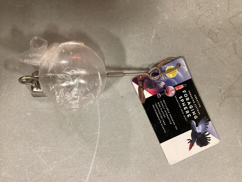Condition photo showing New/Like New for Featherland Paradise | Creative Foraging Systems Hanging Foraging Sphere & Kabob with Stainless Steel Bell, Interactive Bird Treat Toy