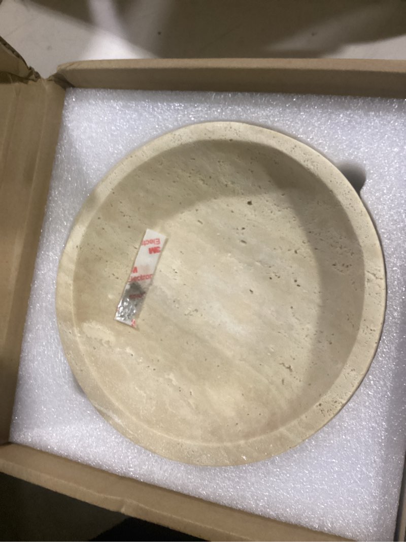 Condition photo showing Good Condition for large travertine decorative bowl, 7.87-inch natural stone key bowl for entryway table, coffee table centerpiece and living room decor beige-7.87inch