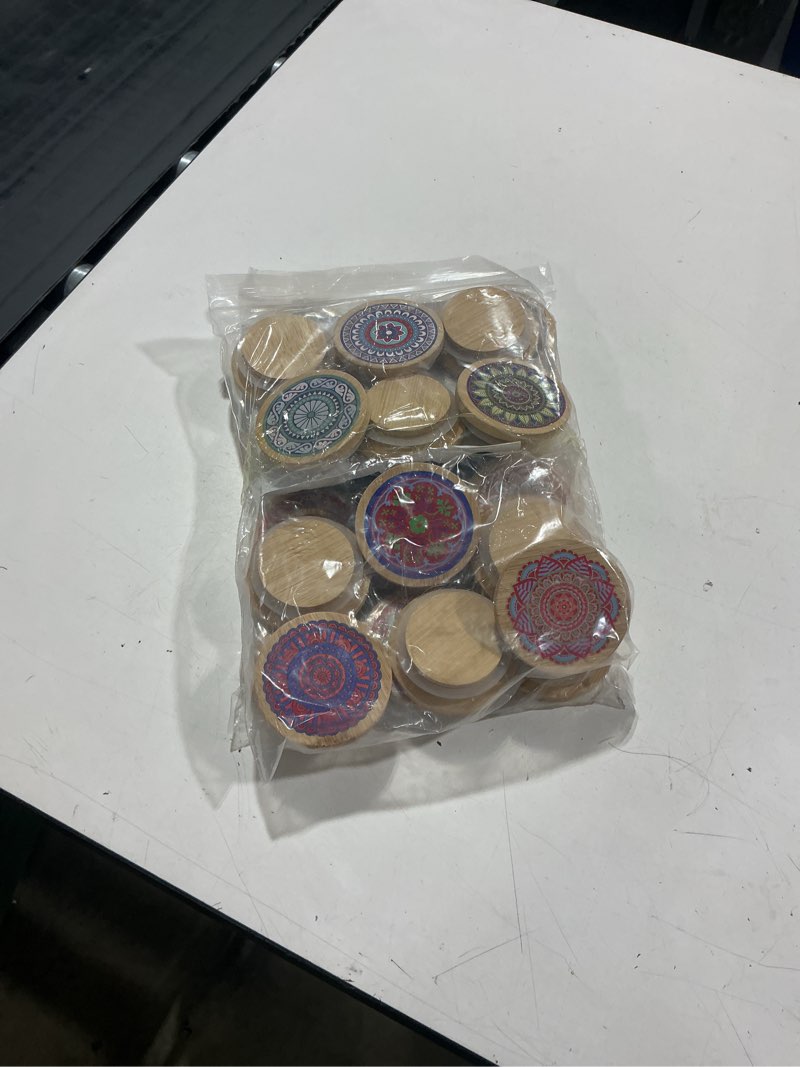 Condition photo showing Good Condition for 24 pcs oui yogurt jar lids reusable bamboo wooden mandala pattern lids with silicone sealing rings and 24 bottle label compatible with yogurt cookie spice coffee bean jars