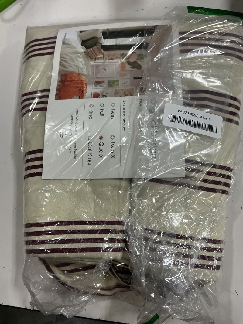 Condition photo showing New/Like New for mixinni retro striped duvet cover set queen - 100% natural cotton 3-piece vintage red stripes pattern printed bedding set, soft breathable comforter cover with zipper closure & corner ties, queen size queen 05 - red-brown striped