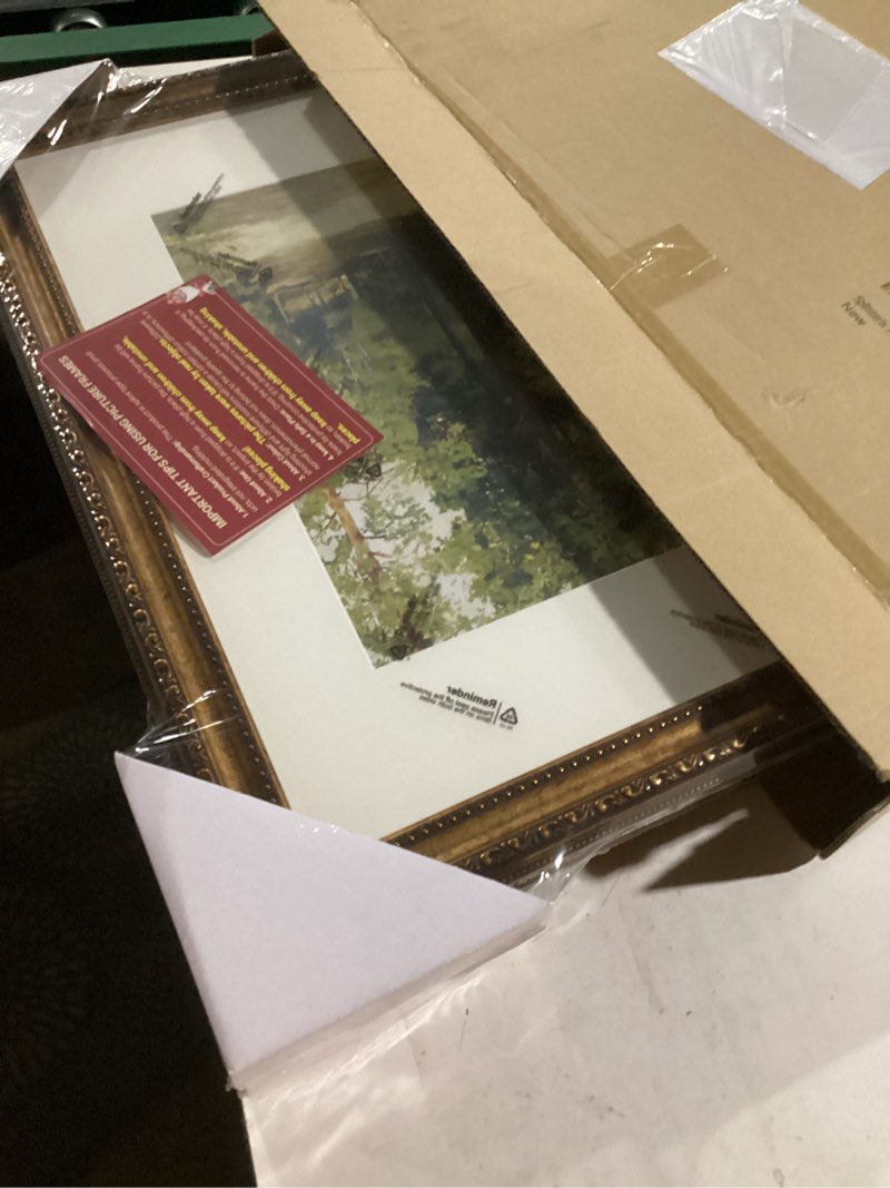 Condition photo showing New/Like New for 16x20 Gold Picture Frame, 2 Pack Ornate Vintage Picture Frames for Wall or Tabletop Display, 16x20 Photo Frame Gold with Plexialass, Display Poster 11x14 with Mat or 16x 20 without Mat for Antique Déco