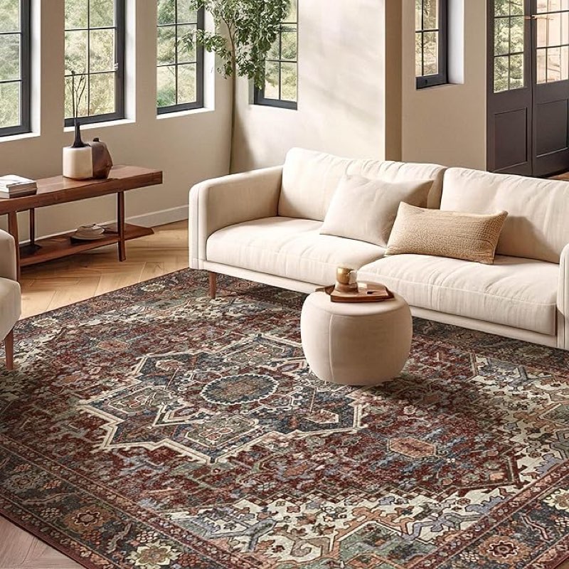 kokia 8x10 washable area rugs maroon with vintage orient design, soft rug for living room or bedroom, non-slip low pile stain resistance features, distressed medallion pattern